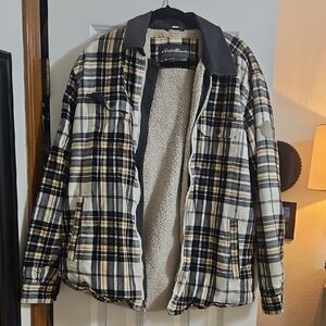 Eddie Bauer Black and Cream Plaid Jacket with Sherpa Lining